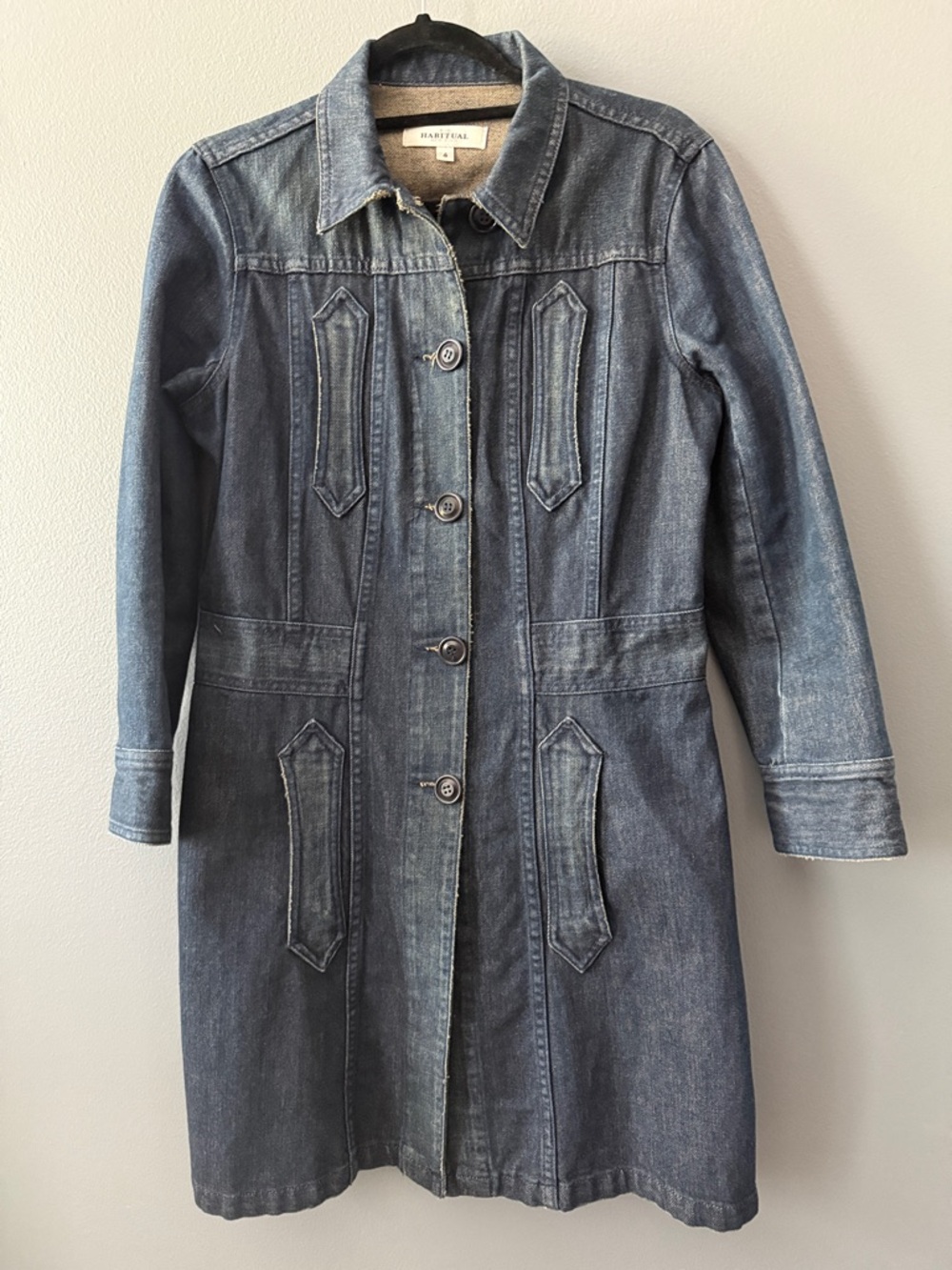 Habitual Distressed Denim Button Down Trench Coat